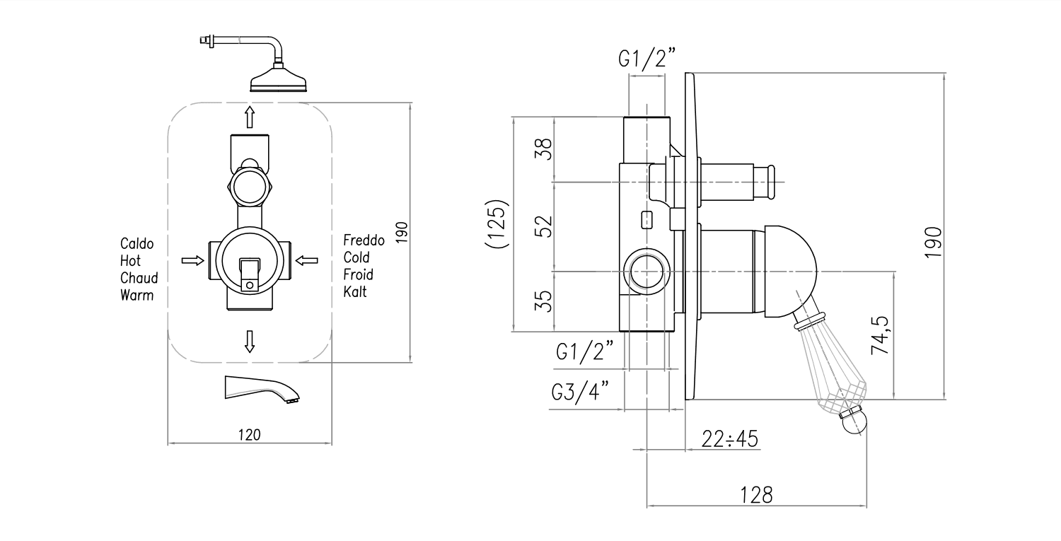 KIRKÉ CRYSTAL prysznicowa bateria podtynkowa ze złotym uchwytem
