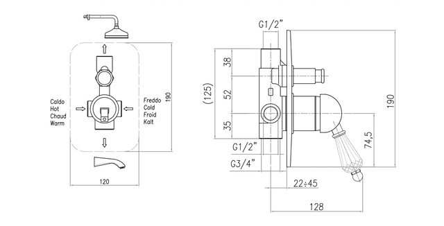 KIRKÉ CRYSTAL prysznicowa bateria podtynkowa ze złotym uchwytem