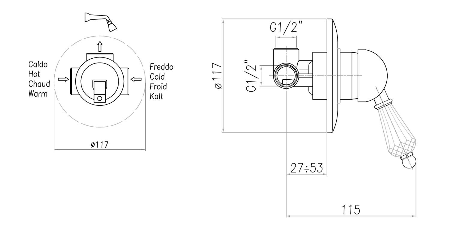 KIRKÉ CRYSTAL Podtynkowa bateria prysznicowa z uchwytem kryształowym
