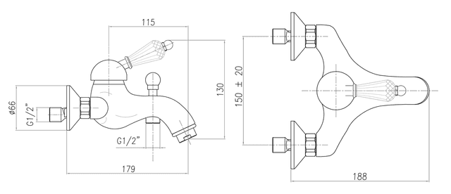 KIRKÉ CRYSTAL bateria wannowa złota z uchwytem kryształowym