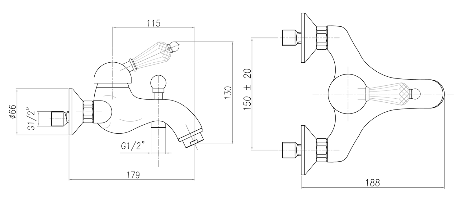 KIRKÉ CRYSTAL bateria wannowa chrom z uchwytem kryształowym