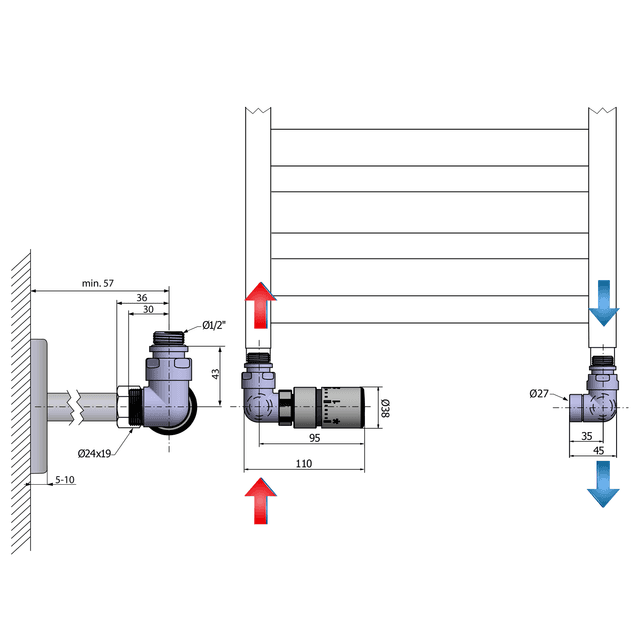 CORNER zestaw przyłączeniowy z termostatem lewy, stal nierdzewna
