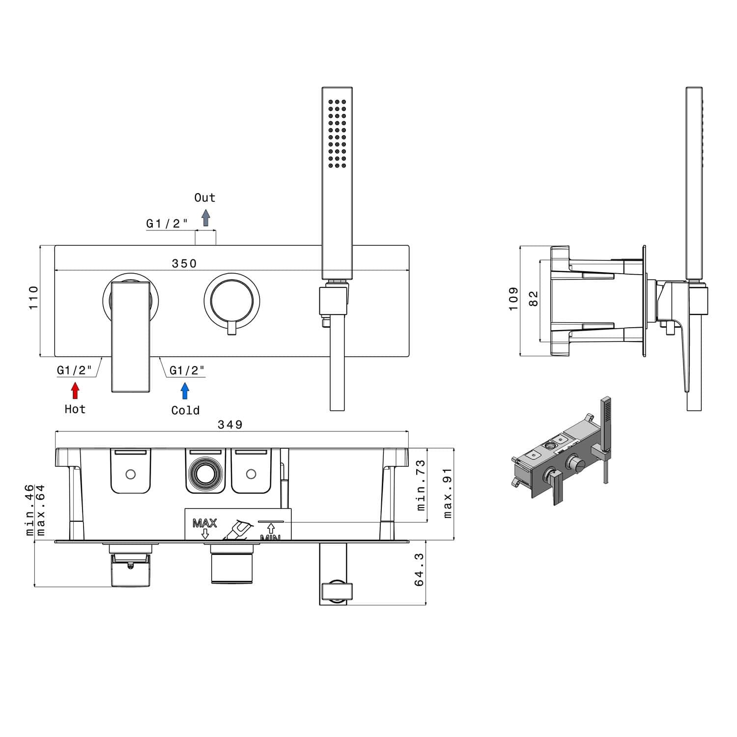 DIMY bateria prysznicowa podtynkowa 2-funkcyjna chrom