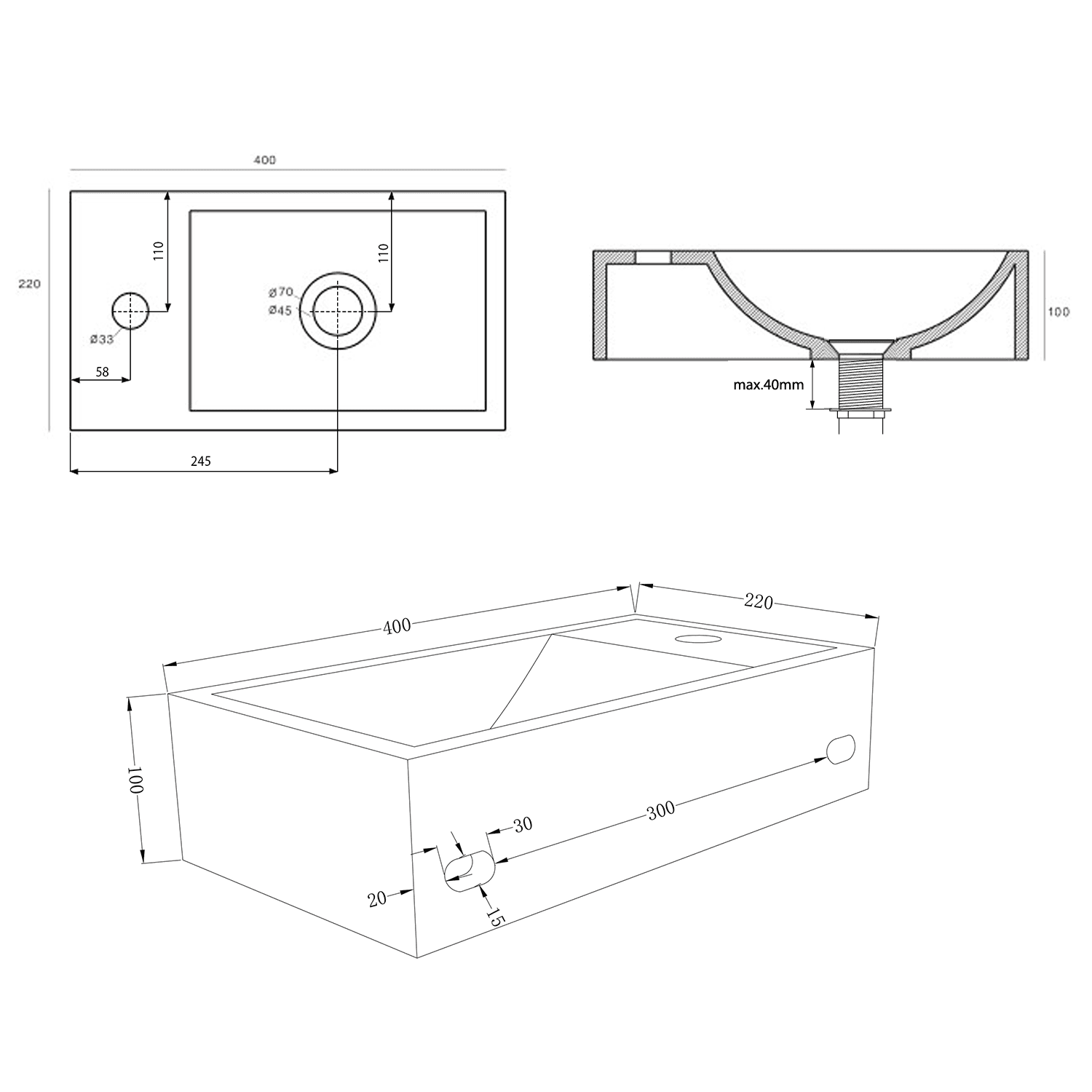 CREST L umywalka betonowa 40x22 cm, z korkiem, piaskowiec