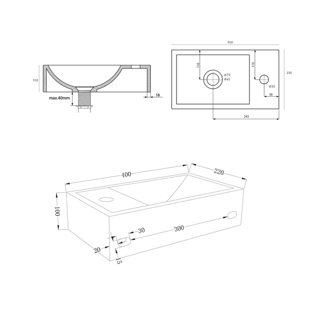 CREST R umywalka betonowa 40x22 cm z korkiem