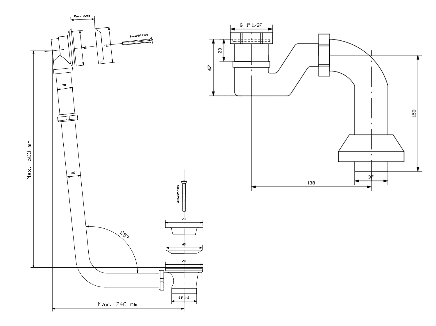 CHARLESTON syfon wannowy z łańcuszkiem, chrom