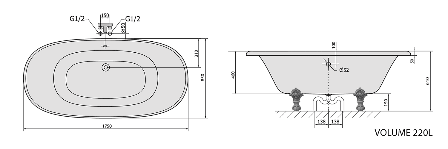 REGATA wolnostojąca wanna 175x85 cm, czarno-biała z nogami chrom mat