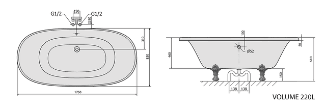 REGATA wolnostojąca wanna 175x85 cm, czarno-biała z nogami chrom mat