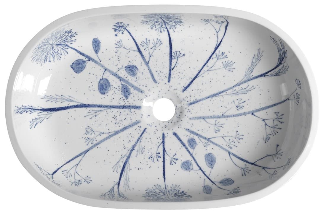PRIORI okrągła umywalka ceramiczna z niebieskim wzorem 60x40 cm