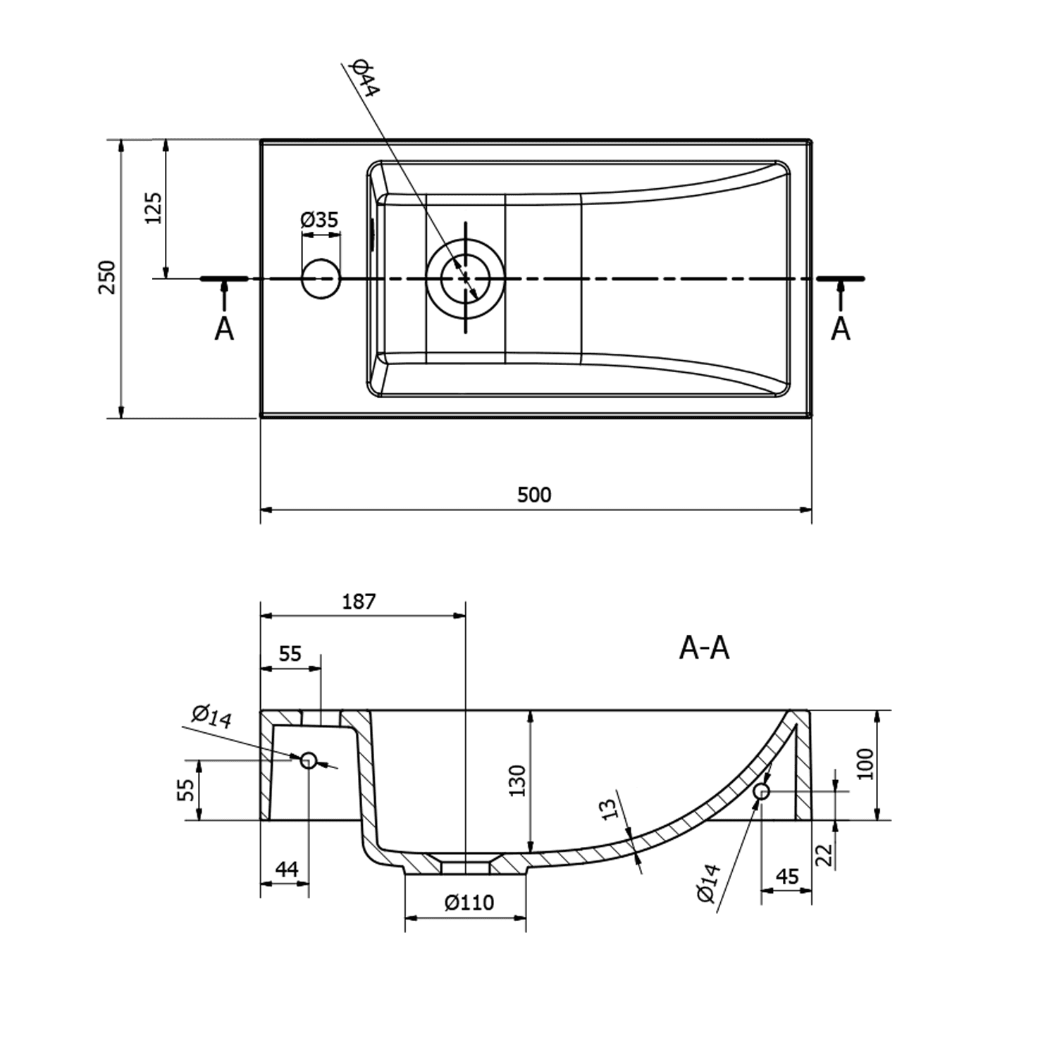ARIANA umywalka kompozytowa 50x10x25 cm z baterią po lewej