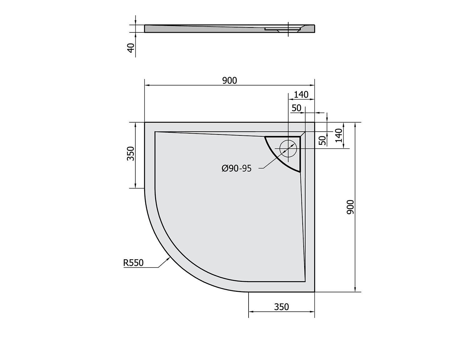 LUSSA brodzik kompozytowy półokrągły 90x90cm R550