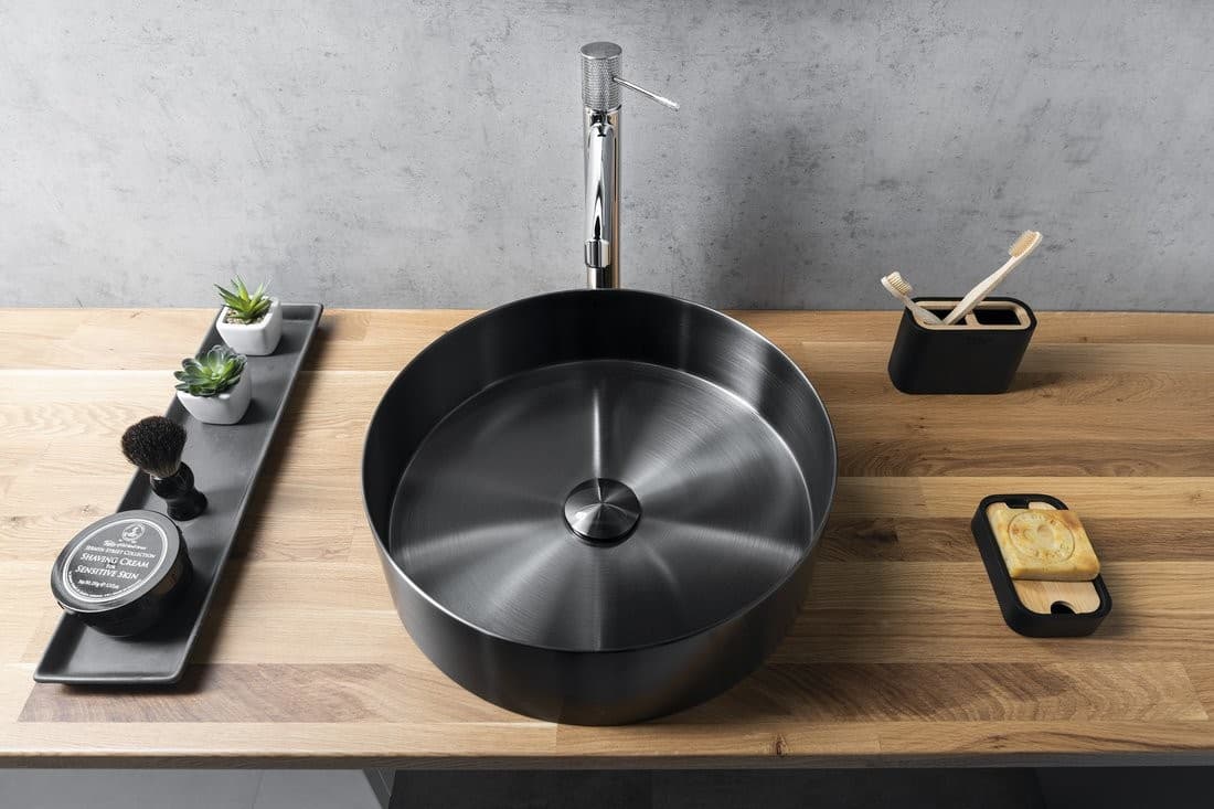 AURUM umywalka stal nierdzewna 38 cm z korkiem antracytowy