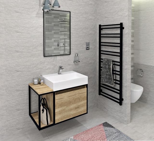 SKARA szafka pod umywalkę 80 cm, czarny mat/dąb Alabama