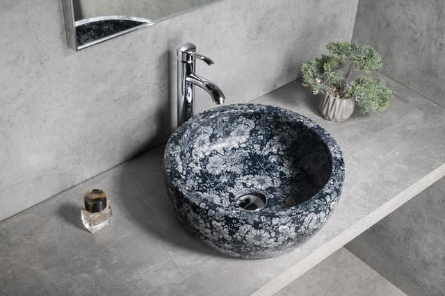 PRIORI umywalka ceramiczna nablatowa Ø 41 cm z niebieskimi kwiatami