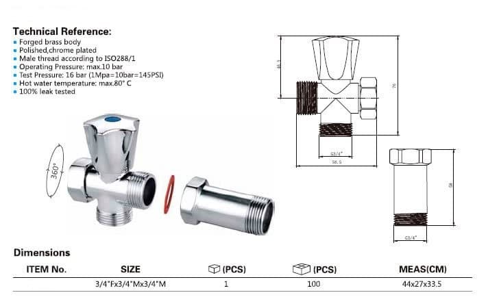 Zawór do pralki 3/4" z zaworem zwrotnym, chrom