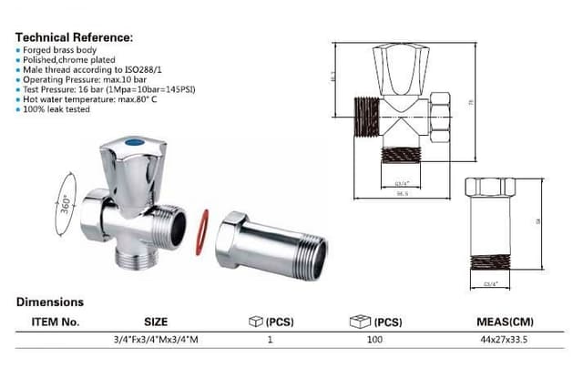 Zawór do pralki 3/4" z zaworem zwrotnym, chrom