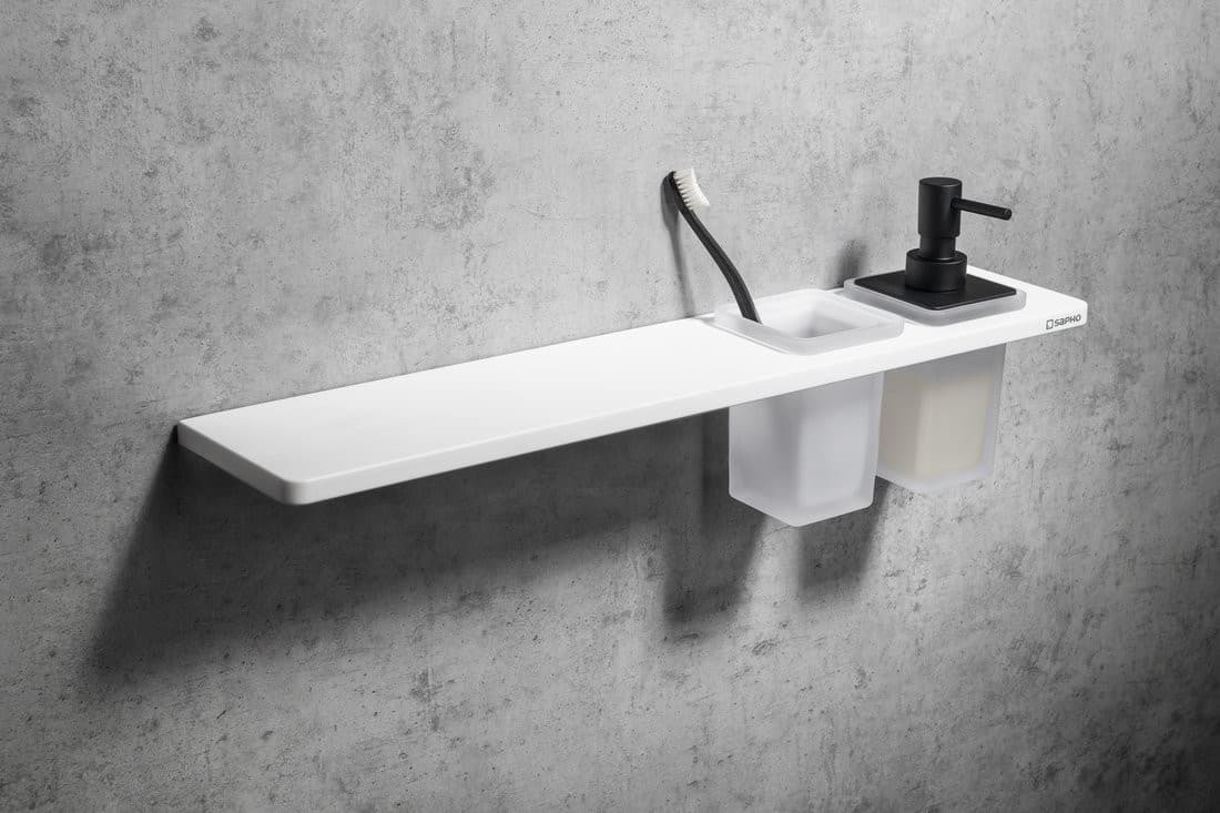 ABELINE półka, kubek + dozownik mydła/czarny, 600mm, Rockstone, biały mat