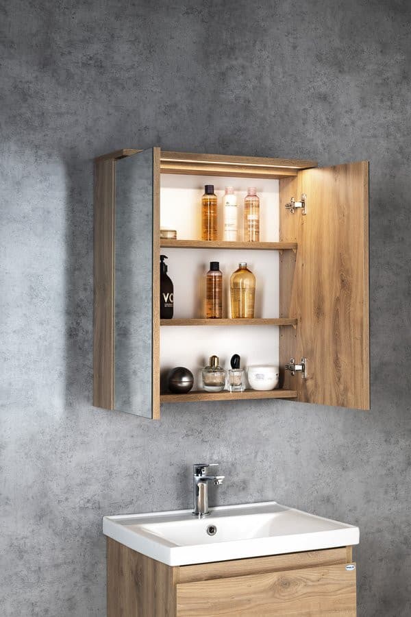 KAWA STRIP szafka z lustrem, oświetlenie LED 60x70x22cm, dąb emporio