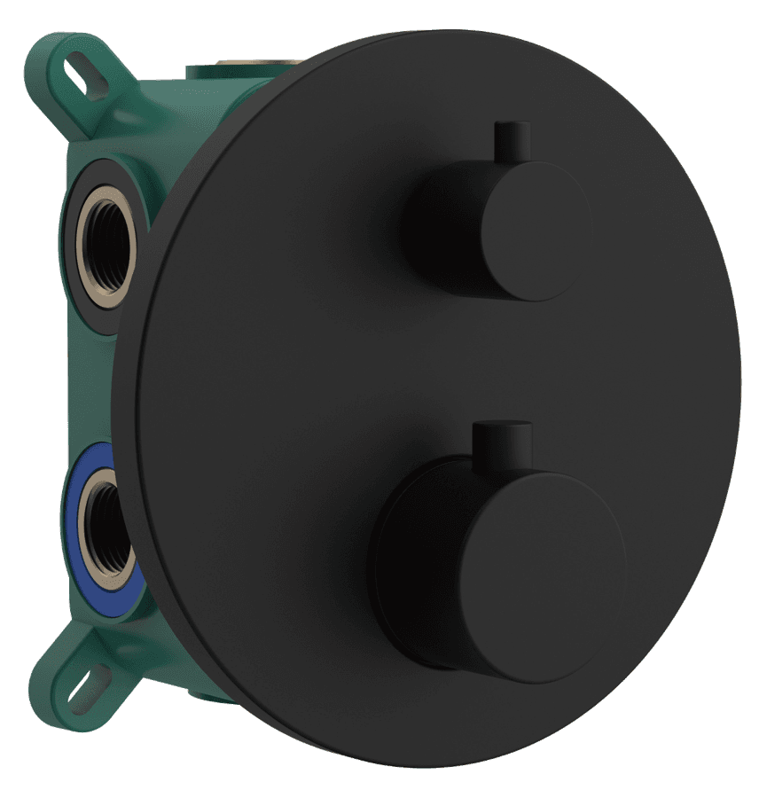 Bateria prysznicowa podtynkowa, termostatyczna, 2 wyjścia, box podtynkowy, czarny mat