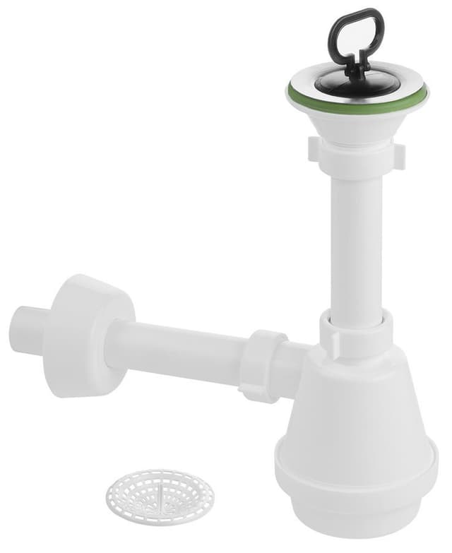 Syfon zlewozmywakowy, nierdzewny wypust 80mm, korek z uchem, DN32, biały