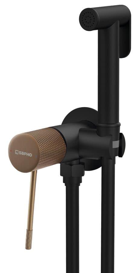 SOLARIS bateria bidetowa podtynkowa ze słuchawką bidetową i wężem, czarny mat/miedź szczotkowana