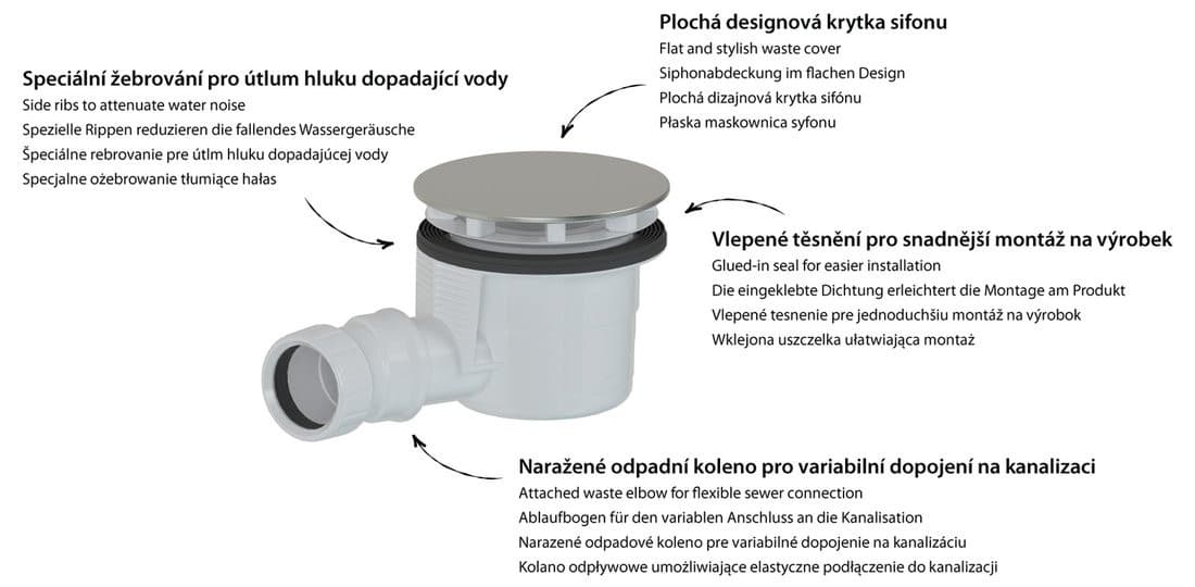 Syfon do brodzików, średnica 90mm, DN40, korek gun metal