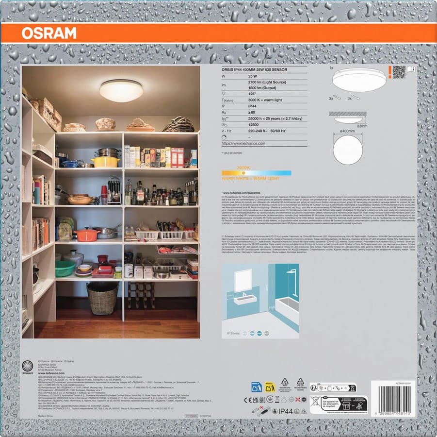ORBIS lampa sufitowa łazienkowa, ø 400mm, czujnik bezdotykowy, OSRAM,2700lm, 25W, IP44
